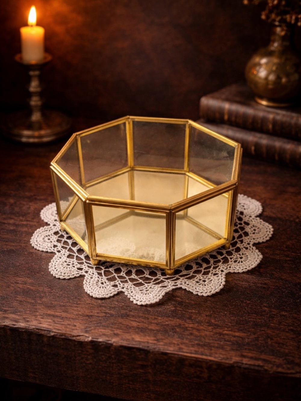 Octagonal Glass Jewelry Display Box in Gold